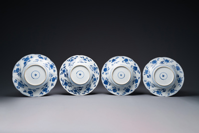 Four Chinese blue and white lobed 'phoenix and monkey' plates, flower mark, Kangxi