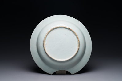 Four Chinese blue and white cups and saucers and a Chinese Imari-style shaving bowl, Kangxi Qianlong