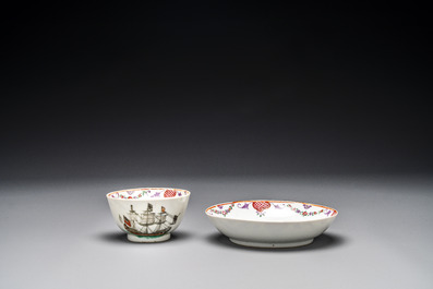 A rare Chinese famille rose 'European merchant ship' cup and saucer, Qianlong