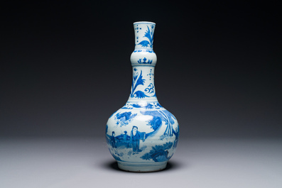 Een Chinese blauw-witte flesvormige vaas met geleerden, Transitie periode