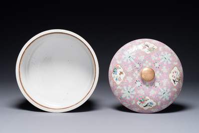 A Chinese iron-red-decorated covered bowl and a famille rose covered bowl, 19th C.