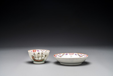 A rare Chinese famille rose 'European merchant ship' cup and saucer, Qianlong