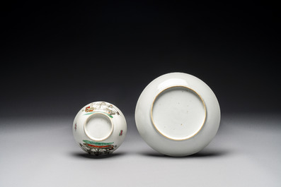 A rare Chinese famille rose 'European merchant ship' cup and saucer, Qianlong