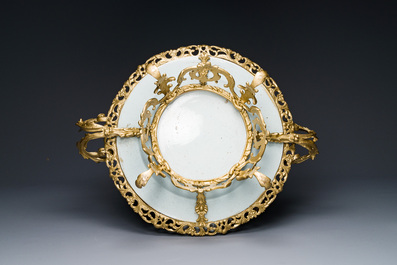 A Chinese famille rose 'flower basket' dish with gilt bronze mount, Yongzheng