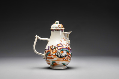 Ensemble des quatre tasses, soucoupes et une verseuse en porcelaine de Chine famille rose &agrave; d&eacute;cor de deux chevaux, Qianlong