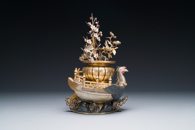 A Japanese parcel-gilt bronze and silver 'phoenix' boat, Meiji, 19th C.