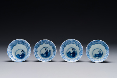 Four Chinese blue and white cups and saucers and a Chinese Imari-style shaving bowl, Kangxi Qianlong