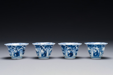 Four Chinese blue and white cups and saucers and a Chinese Imari-style shaving bowl, Kangxi Qianlong