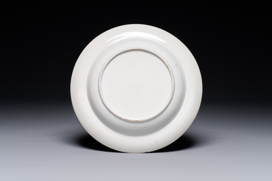 A rare Chinese Canton famille rose plate with a blue-glazed border, 19th C.