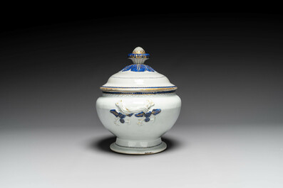 A Chinese export monogrammed blue-enameled and gilt tureen and cover, Qianlong