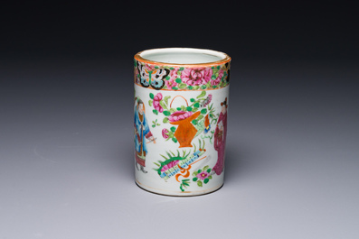 A Chinese Canton famille rose 'Wu Shuang Pu' brush pot, 19th C.