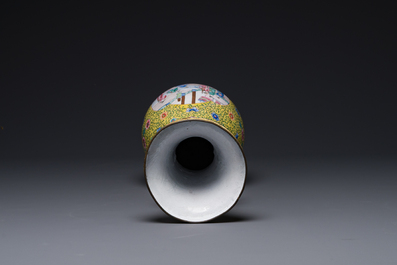 A Chinese Canton enamel yellow-ground vase, 19th C.