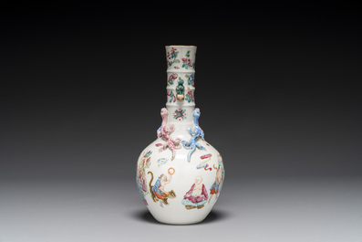 A Chinese famille rose '18 Luohan' bottle vase, 19th C.