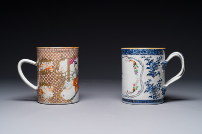 Two Chinese famille rose mugs with figurative and floral decor, Qianlong