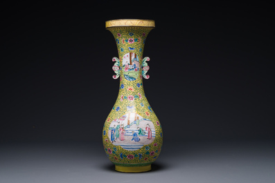 A Chinese Canton enamel yellow-ground vase, 19th C.
