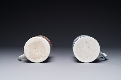 Two Chinese famille rose mugs with figurative and floral decor, Qianlong