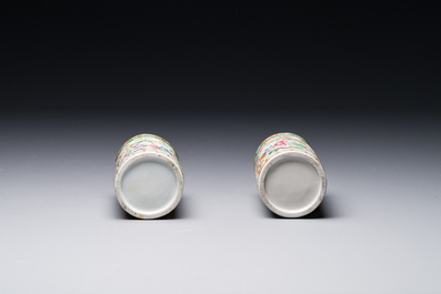 A pair of Chinese reticulated Canton famille rose brush pots, 19th C.