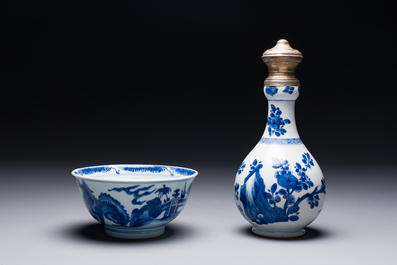 A Chinese blue and white bowl and a silver mounted vase, Shen De Tang Zhi 慎德堂製 mark, Kangxi