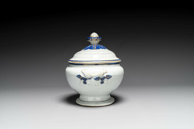 A Chinese export monogrammed blue-enameled and gilt tureen and cover, Qianlong