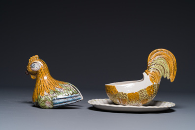 Terrine couverte en forme de coq en faience polychrome, Abtsbessingen, Allemagne, 18&egrave;me