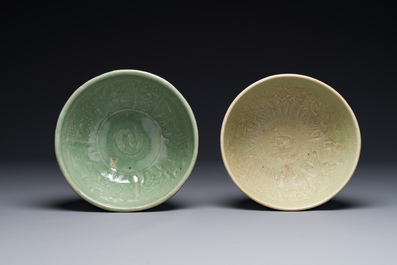 RETURNED 10/12/24 Two rare Chinese Longquan celadon bowls with figural anhua design, Yuan