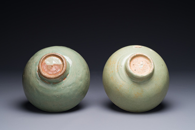 RETURNED 10/12/24 Two rare Chinese Longquan celadon bowls with figural anhua design, Yuan