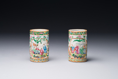 A pair of Chinese reticulated Canton famille rose brush pots, 19th C.