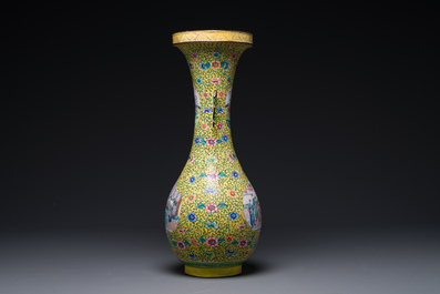 A Chinese Canton enamel yellow-ground vase, 19th C.