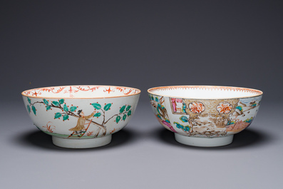 Een in Nederland gedecoreerde Chinese kom en een Canton famille rose kom met mandarijns decor, Qianlong