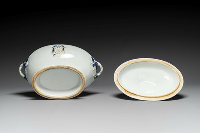 A Chinese export monogrammed blue-enameled and gilt tureen and cover, Qianlong