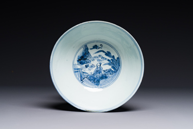 A Chinese blue and white bowl with figures in a landscape, Chenghua mark, Chongzhen