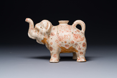 A rare Vietnamese polychrome painted stoneware elephant shaped jug, L&ecirc; dynasty, 16th C.