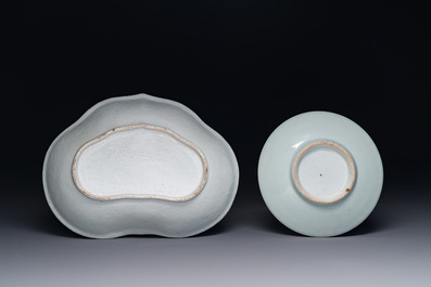 A Chinese Canton famille rose lobed armorial dish and a plate, 19th C.