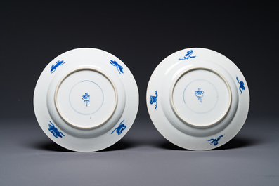 Een paar Chinese blauw-witte borden met boeddhistische leeuwen, ding merk, Kangxi