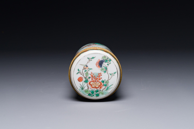 A Chinese famille verte cylindrical box and cover with gilt bronze mount, Kangxi