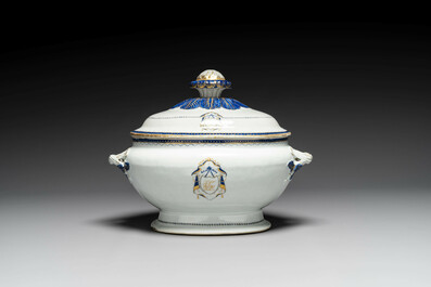 A Chinese export monogrammed blue-enameled and gilt tureen and cover, Qianlong