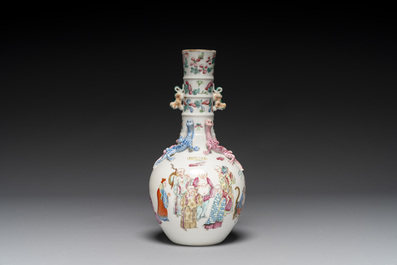A Chinese famille rose '18 Luohan' bottle vase, 19th C.