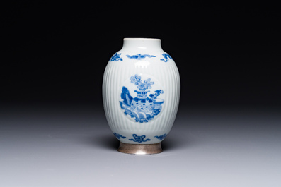 A fine Chinese blue and white silver mounted jar, signed Bo Gu Zhai 博古斎, Jiajing mark, Kangxi