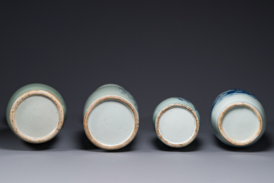 Quatre vases en porcelaine de Chine en bleu et blanc sur fond c&eacute;ladon, 19&egrave;me