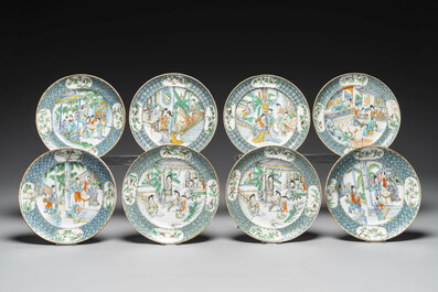 Een zeldzaam Chinees Canton famille verte 27-delig theeservies, 19e eeuw