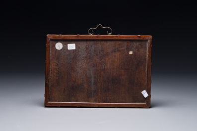A rectangular Chinese famille verte plaque in a wooden faux bamboo frame, Kangxi