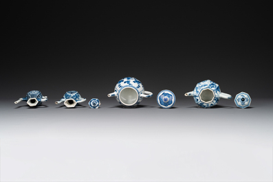 Two Chinese blue and white ewers and two teapots, Kangxi