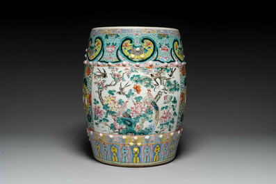 A Chinese famille rose garden seat with birds among blossoming branches, 19th C.