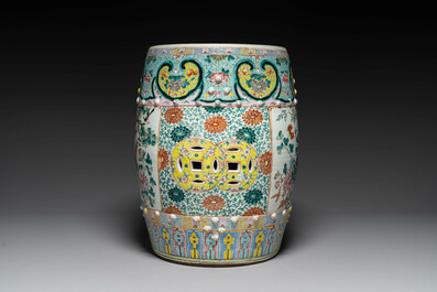 A Chinese famille rose garden seat with birds among blossoming branches, 19th C.