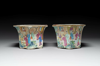 A pair of hexagonal Chinese Canton famille rose jardinieres on stands, 19th C.