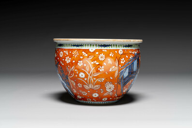 A Chinese English-decorated blue and white scroll pot, Kangxi