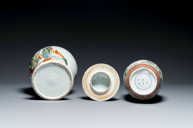 A Chinese famille verte covered vase and a bottle vase, 19th C.