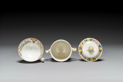 A rare Chinese Canton famille rose covered sugar bowl, a cup and saucer, 19th C.