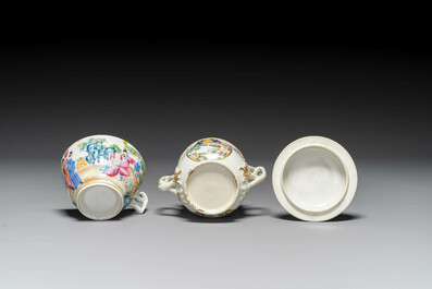 A rare Chinese Canton famille rose covered sugar bowl, a cup and saucer, 19th C.