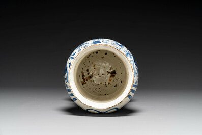 A large Italian blue, white and manganese albarello drug jar inscribed Charitas, probably Savona, dated 1767
